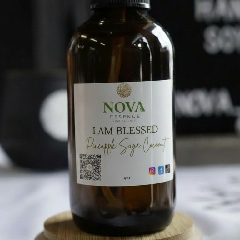Bottle of Nova Naturals with a label on a wooden coaster.