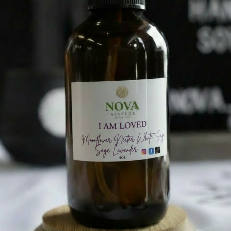 Bottle of Nova product labeled 'I Am Loved' on a wooden stand with a blurred background.